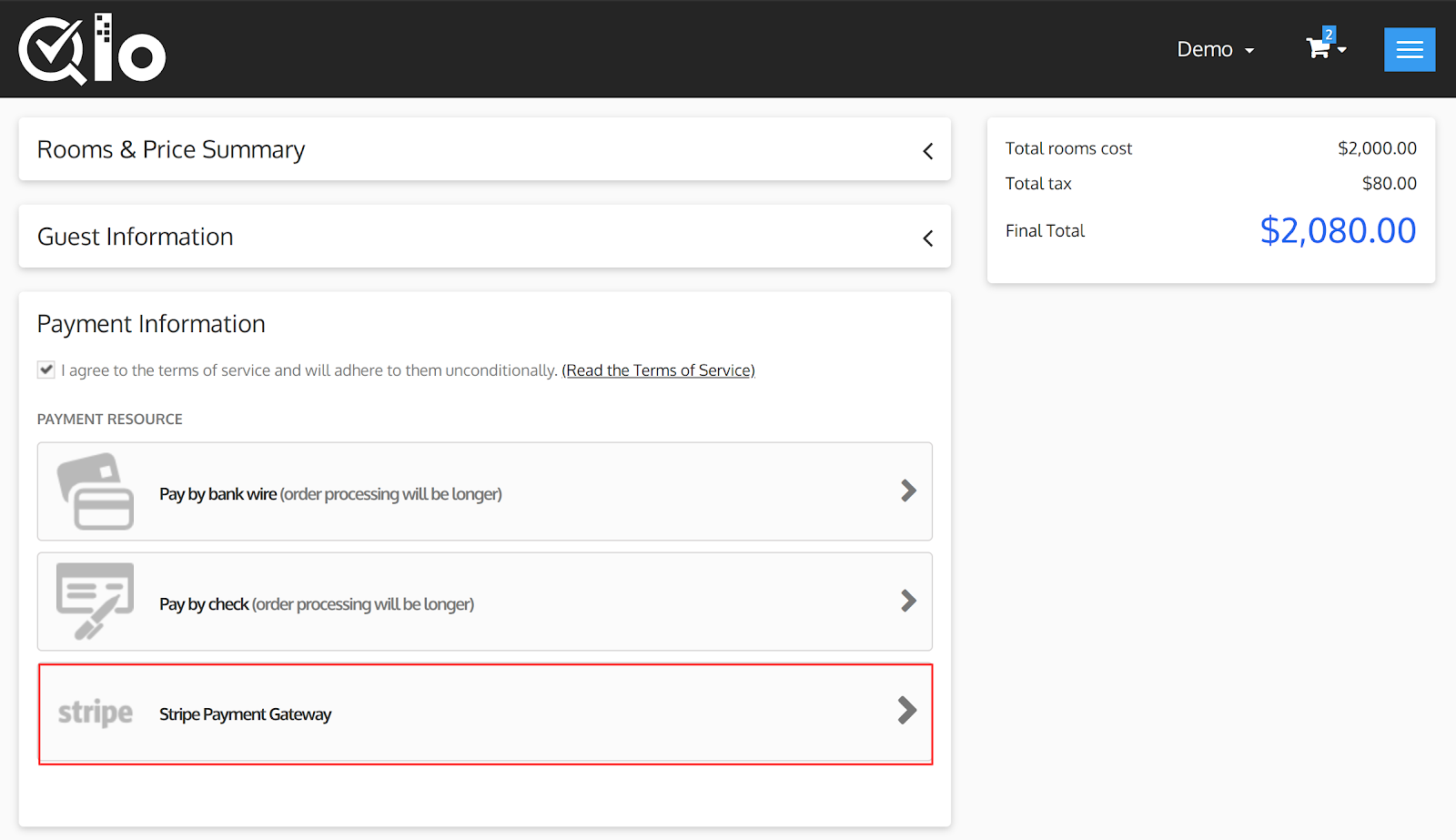 Stripe payment gateway in mode of payment 