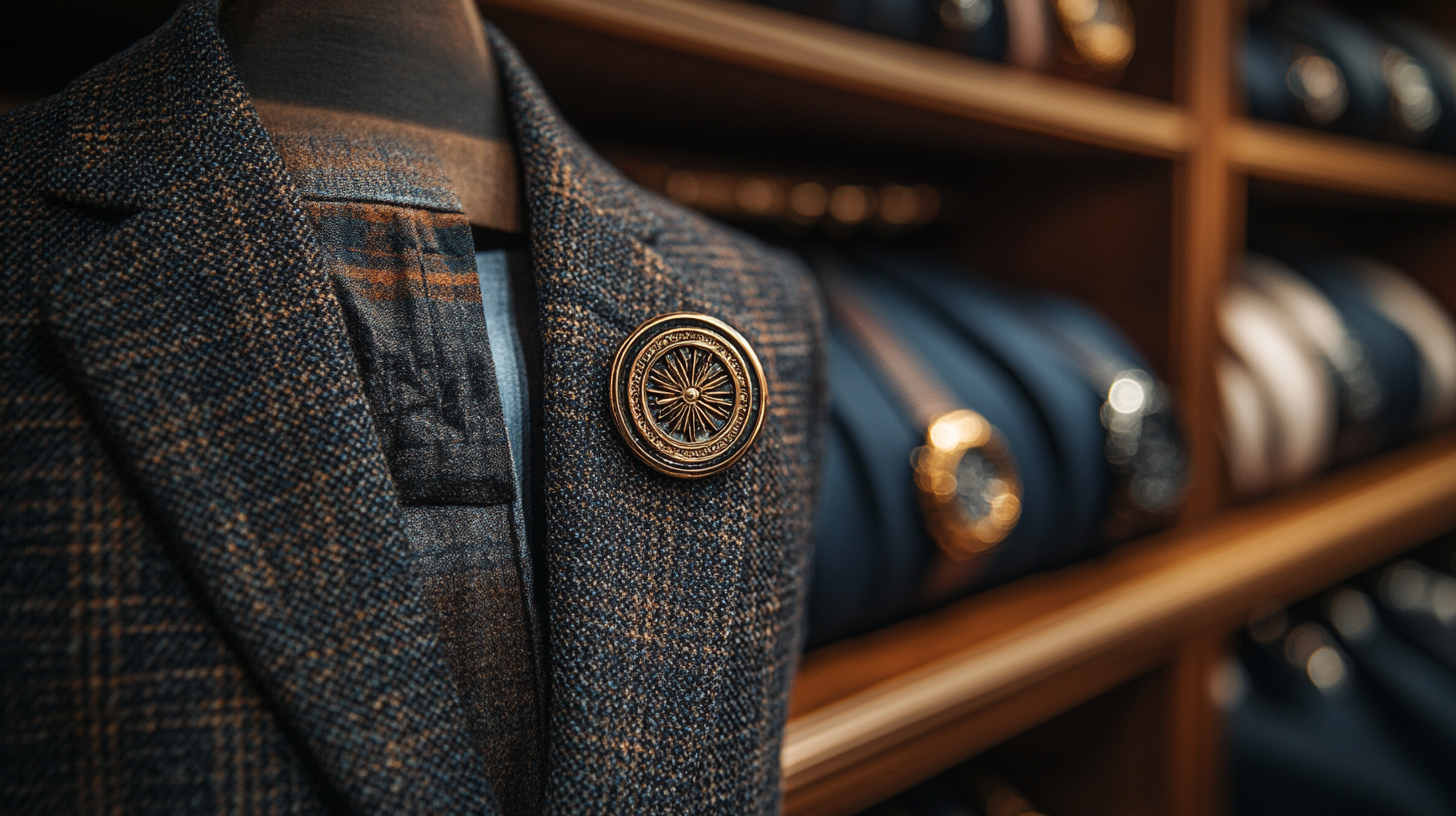 A stylish lapel pin featuring a subtle yet elegant design, placed on a luxurious wooden shelf inside a refined men's closet. The background showcases premium suits, silk pocket squares, and classic wristwatches, creating a sophisticated ambiance. Soft, warm lighting highlights the details of the lapel pin, making it a perfect finishing touch. Ultra-detailed, hyper-realistic, cinematic lighting, luxury men’s fashion photography, high-end wardrobe aesthetic.