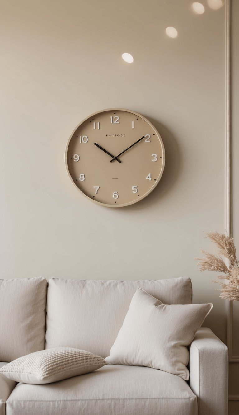 A beige minimalist clock hangs on a wall in a serene beige living room with clean lines and minimal decor