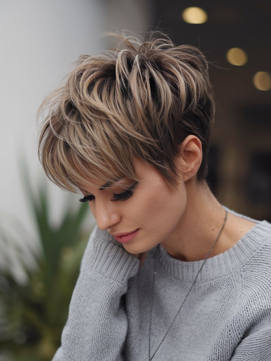 81. Voluminous Textured Pixie with Highlights