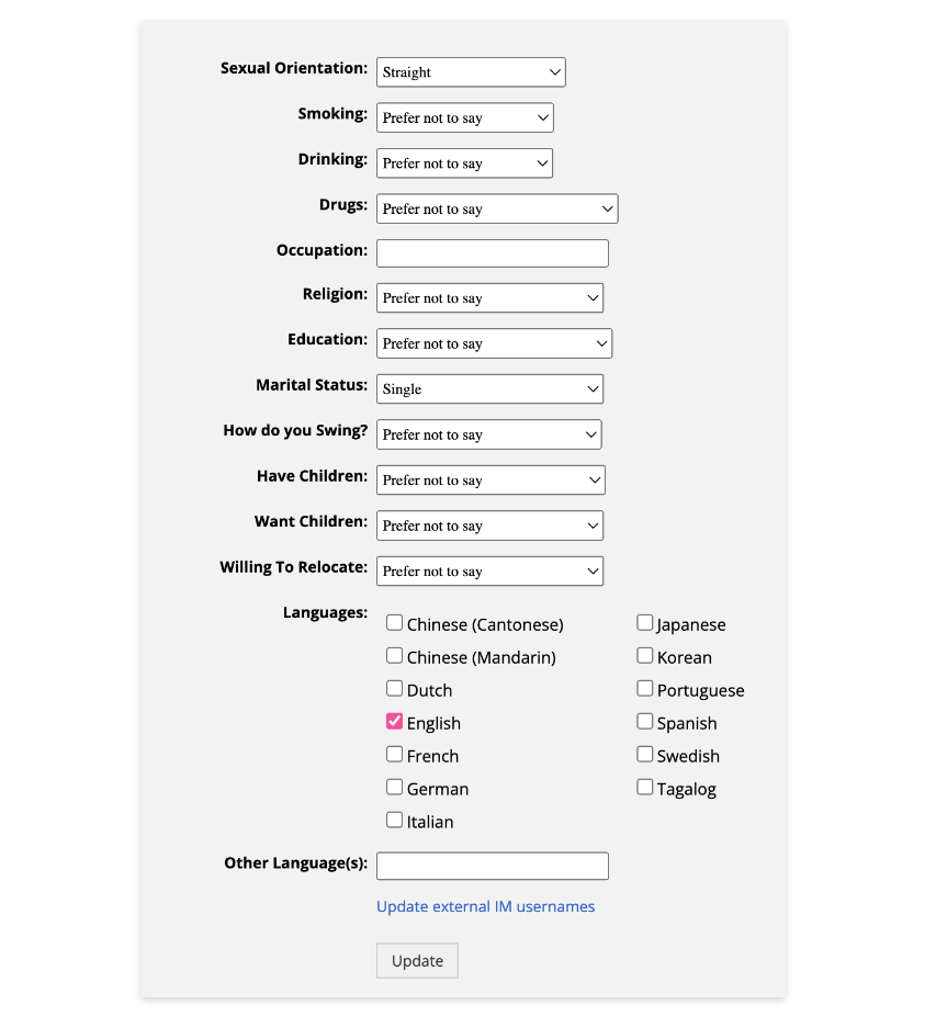 FriendFinder X profile completion sections. User related personal questions and information.