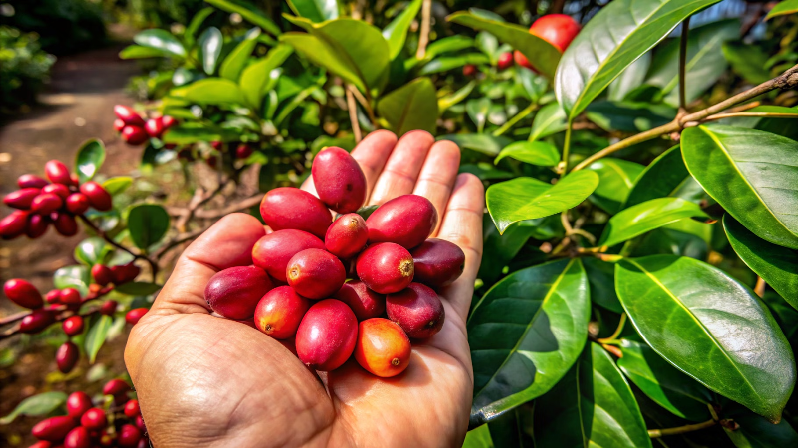 Mão segurando frutas do milagre em um jardim tropical.