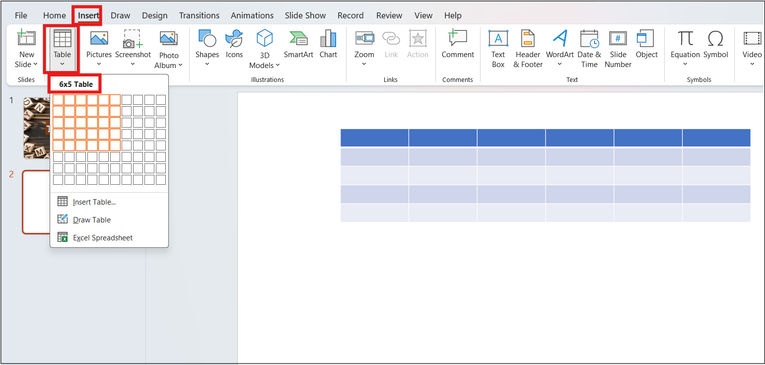 Inserting 6 x 5 table in PowerPoint