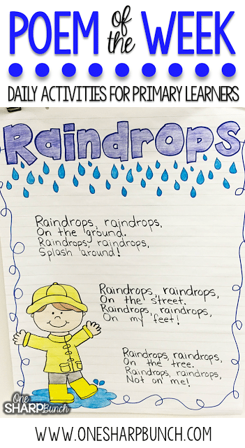 This rain poem is the perfect way to incorporate poetry activities into your daily lessons this spring! By using a poem of the week, you help build reading fluency, phonics and phonemic awareness skills, comprehension, concepts of print and more! Don’t forget to check out the great poetry writing prompt perfect for creating a copycat poem!