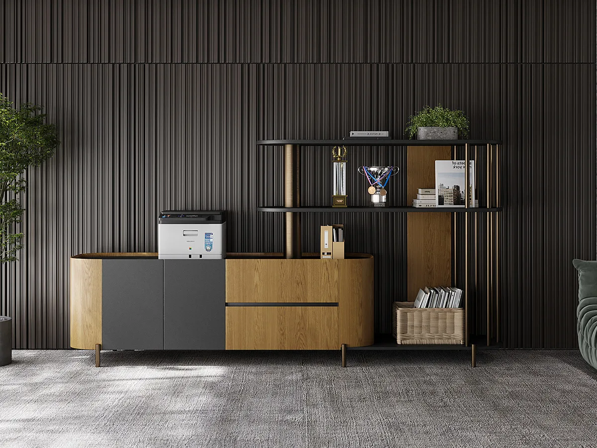  A stylish three-tier display shelf with height variation 