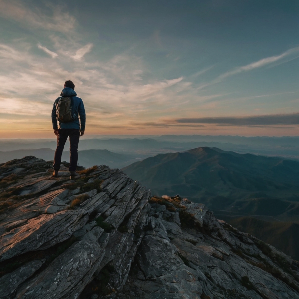 Man standing on a mountain peak, looking at a vast horizon, symbolizing vision and long-term growth after heartbreak.