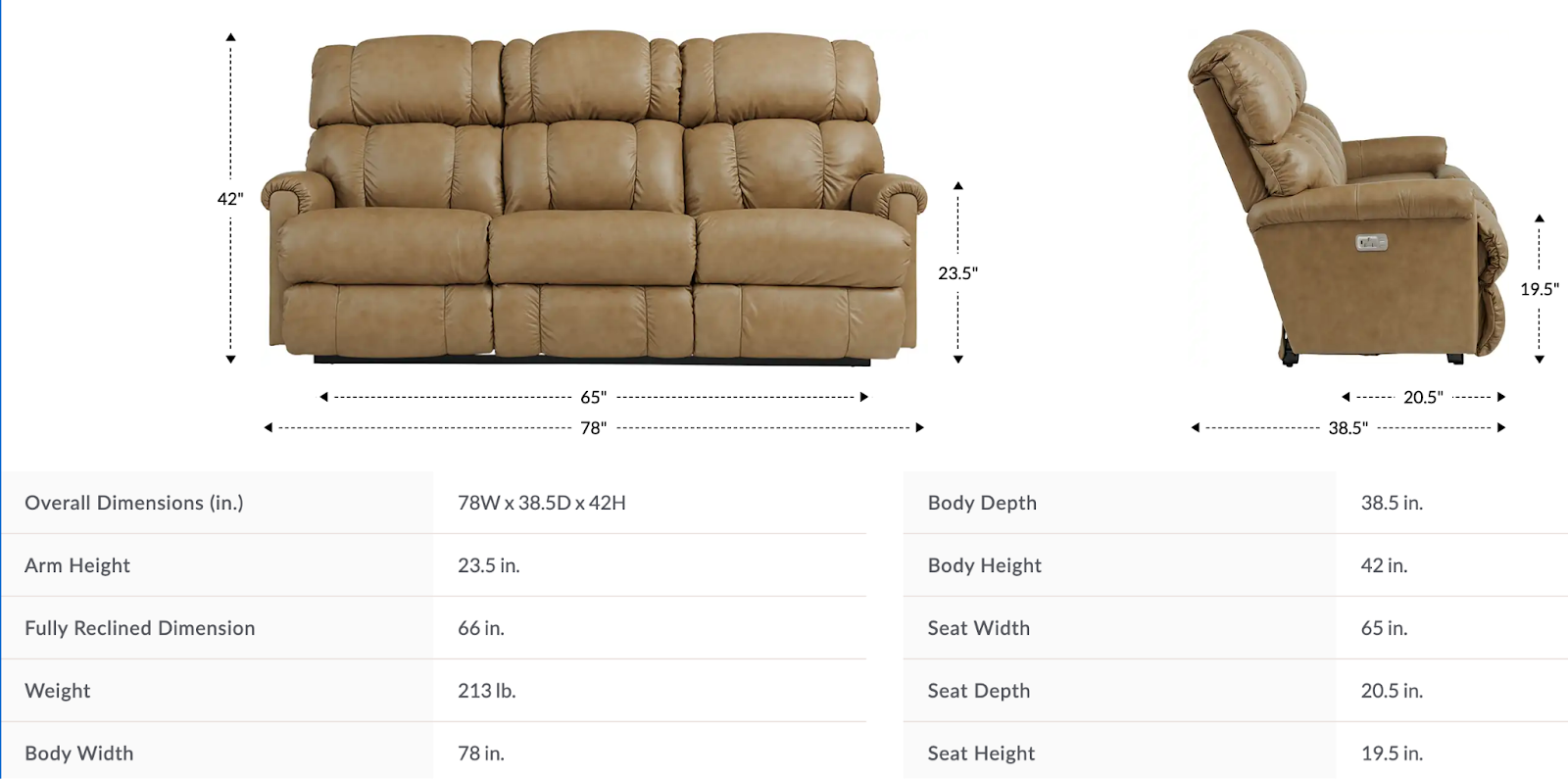 pinnacle power wall reclining sofa w/ headrest dimensions