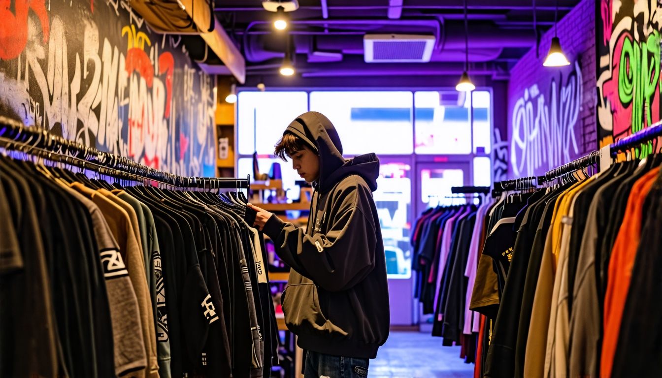 Teenager browsing affordable streetwear in trendy thrift store.