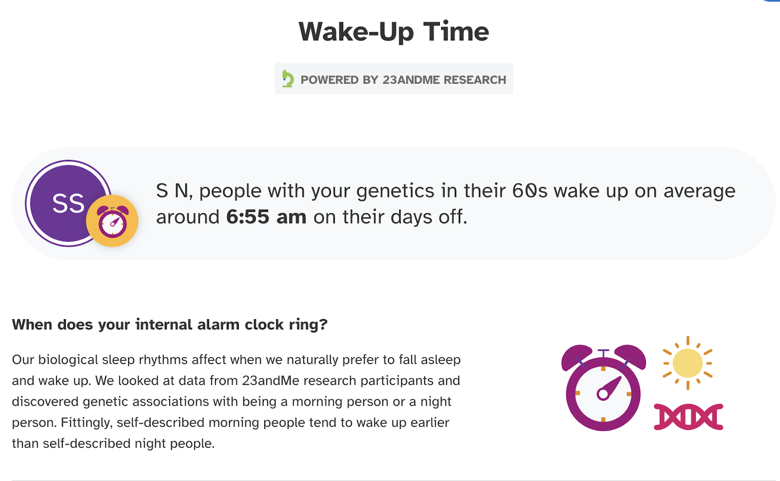 Can you test for circadian identity with 23andMe?
A snippet of 23andMe's wake-up time report.