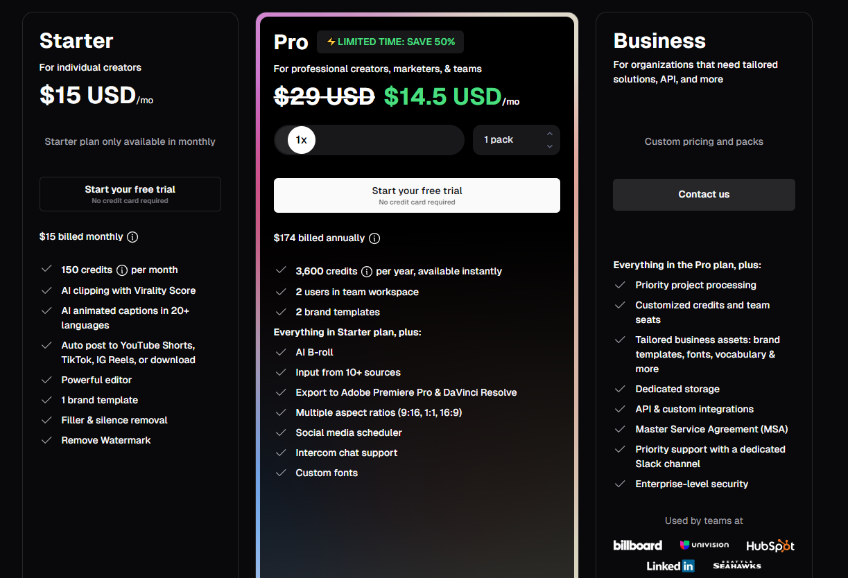 Pricing of Opus Clip