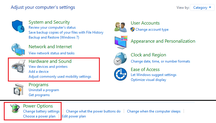 A screenshot of the Control Panel menu in Windows with the "Hardware and Sound" and "Power Options" selections highlighted.