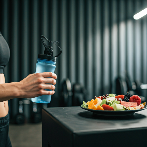 Persona dentro de un Cubofit con una botella de agua y un plato con una macedonia de frutas 