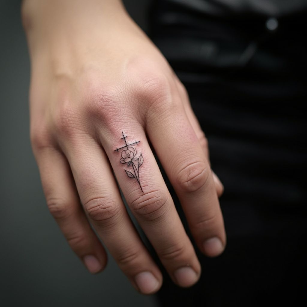 Cross with Flowers Tattoo on finger