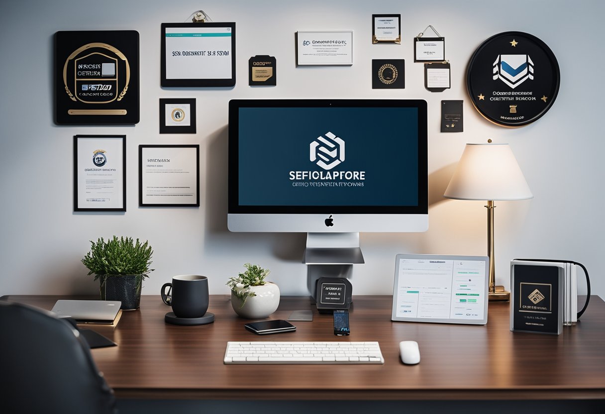 A desk with a laptop, SEO agency logos, and certification plaques displayed on the wall