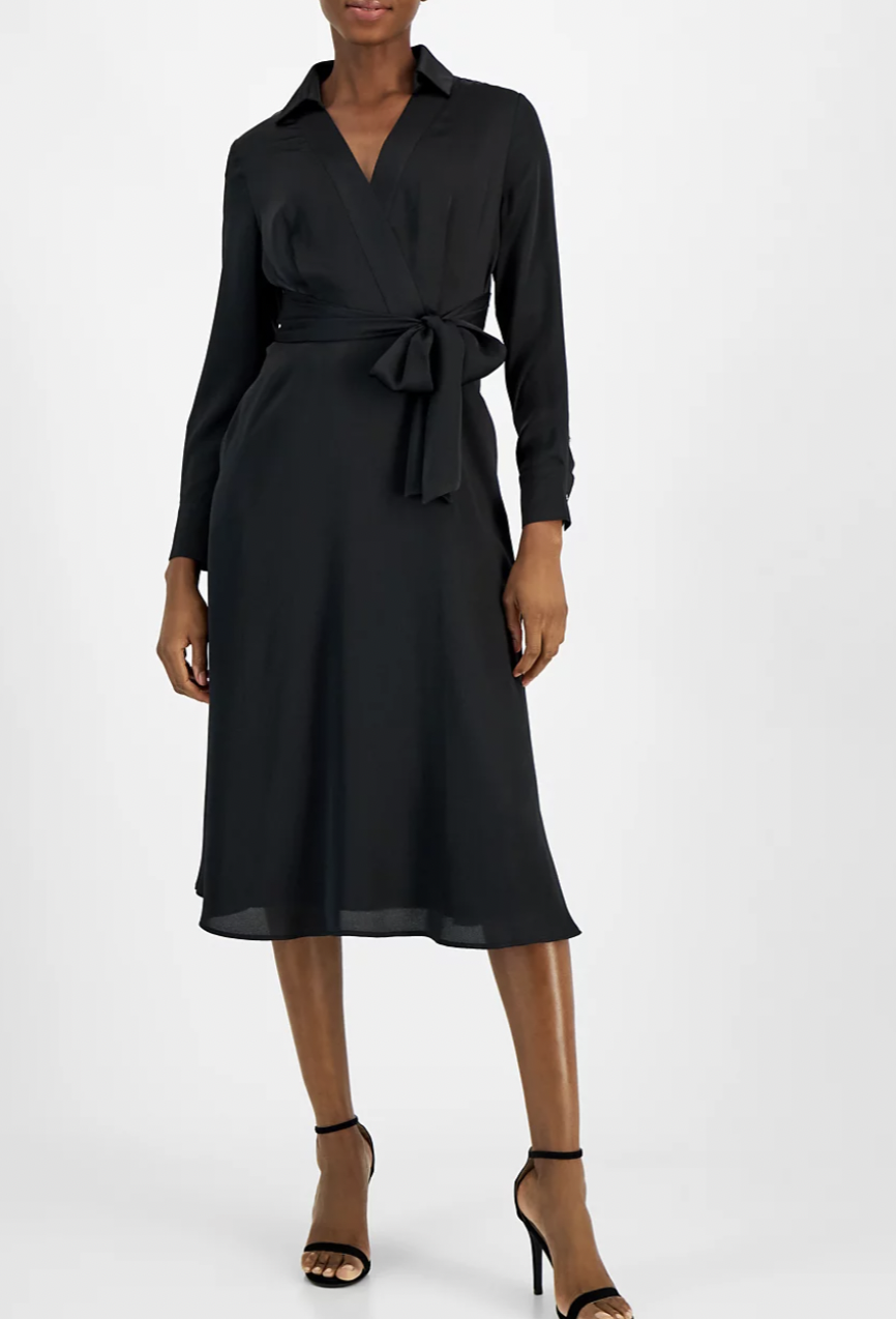 Tahari - Robe mi-longue à col ASL et lien à la taille