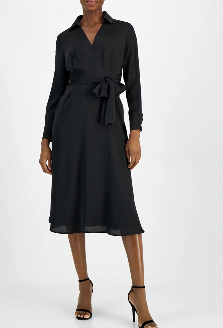 Tahari ASL Collared Waist-Tie Midi Dress