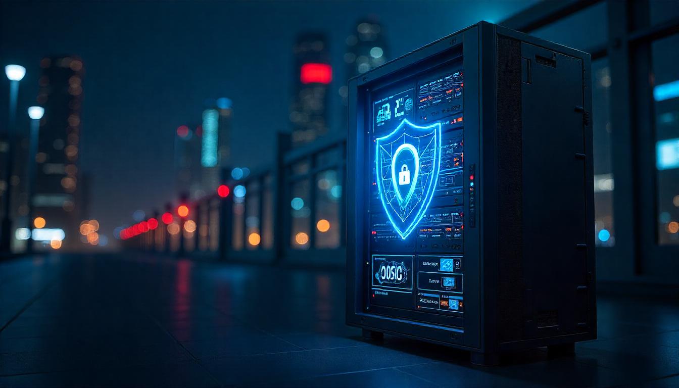 The striking, technologically advanced security interface depicted on the server cabinet in this image represents the power of predictive security analytics benefits, where real-time monitoring, data-driven insights, and automated responses can enhance an organization's ability to anticipate and mitigate potential threats.