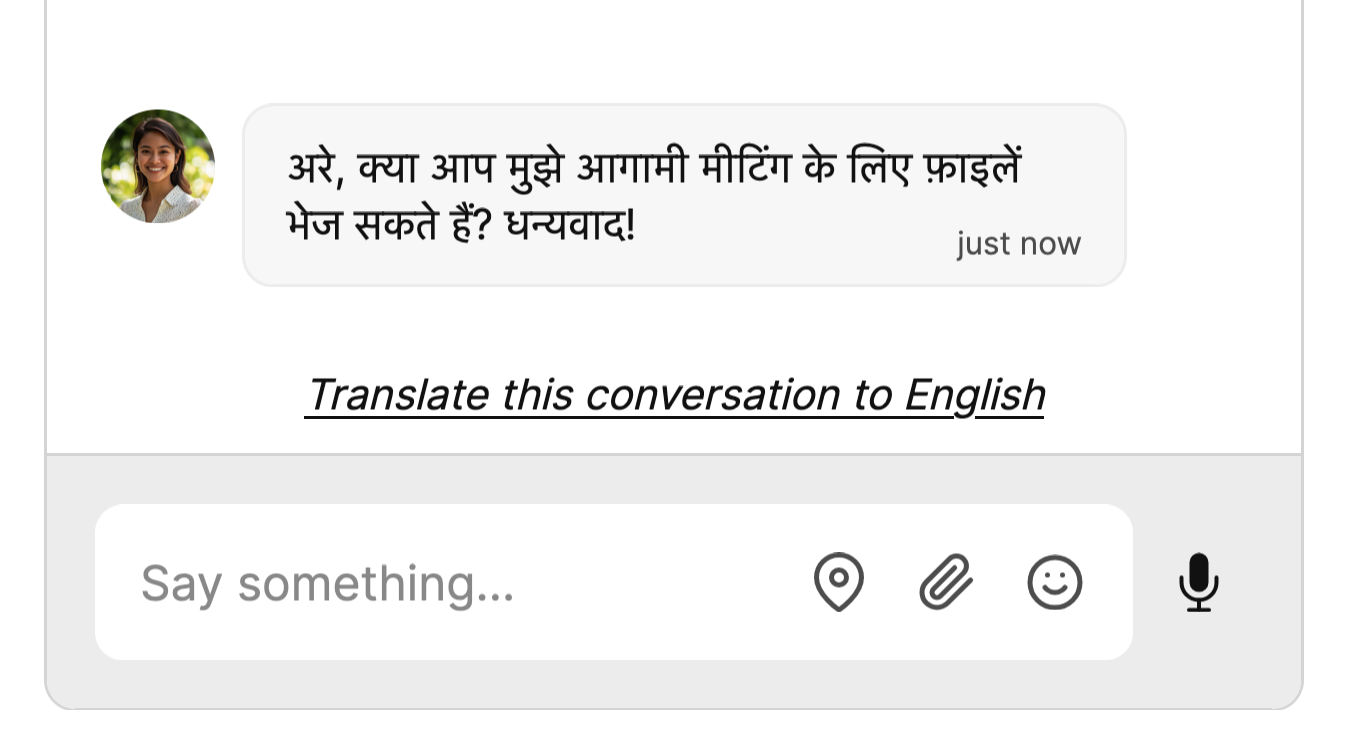 A chat message in Hindi, a button below the text reads ‘Translate this conversation to English’.