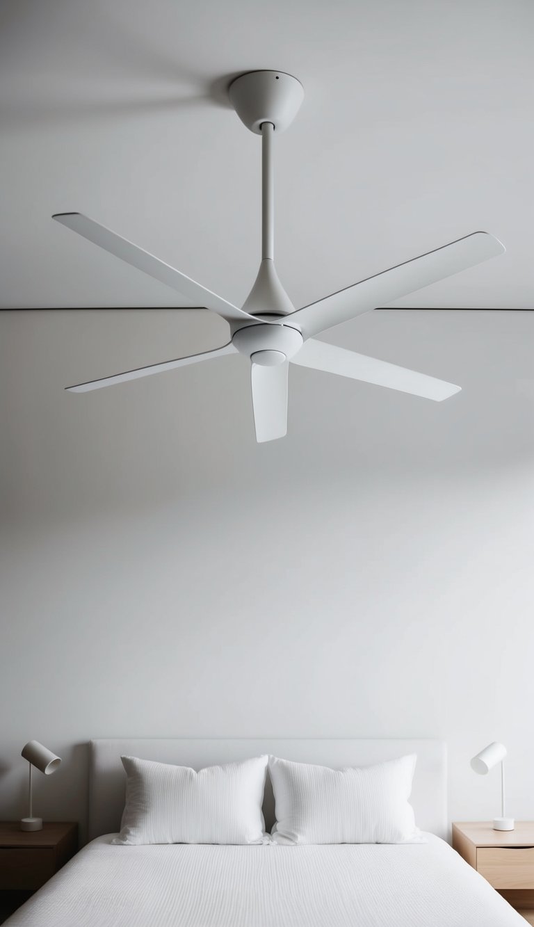 A sleek white modern ceiling fan spins in a minimalist white bedroom