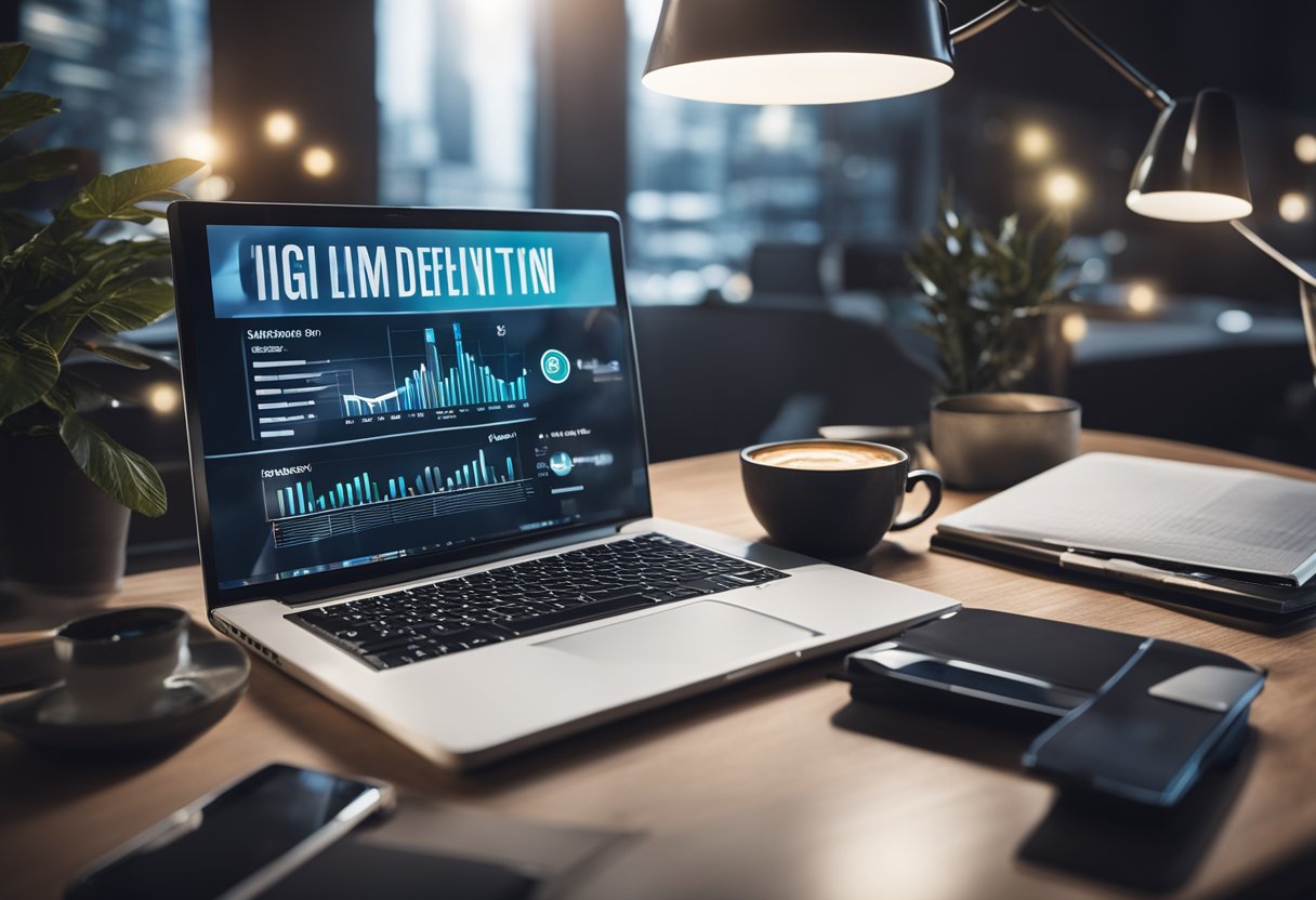 A laptop surrounded by various digital marketing tools and graphs, with a spotlight shining on the SEO section
