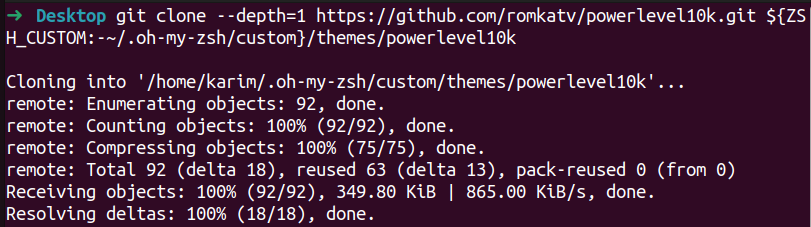 Terminal output showing Powerlevel10k theme cloned into Oh My Zsh custom themes directory using git clone command