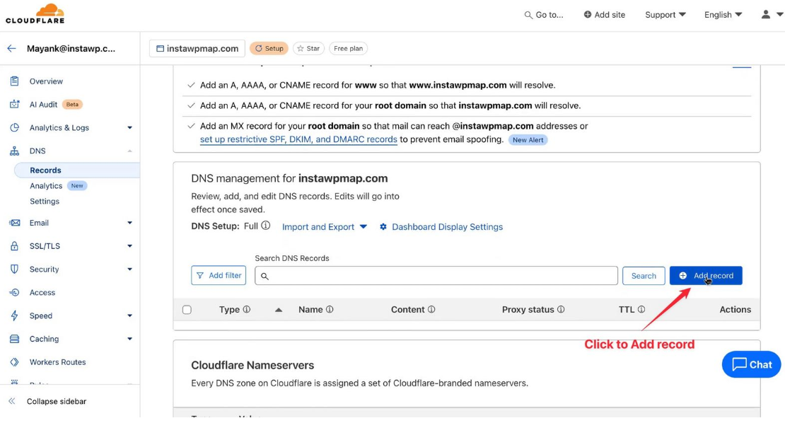 Click on A record on the DNS settings. 