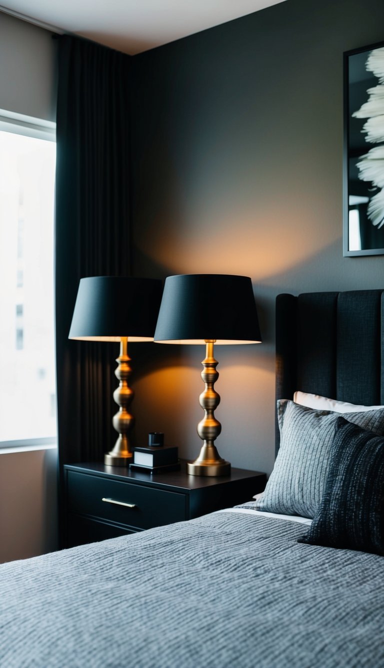 Two black bedside lamps casting a warm glow in a modern black and gray bedroom