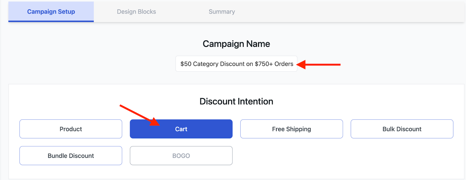 Campaign name and Cart Discount as intention