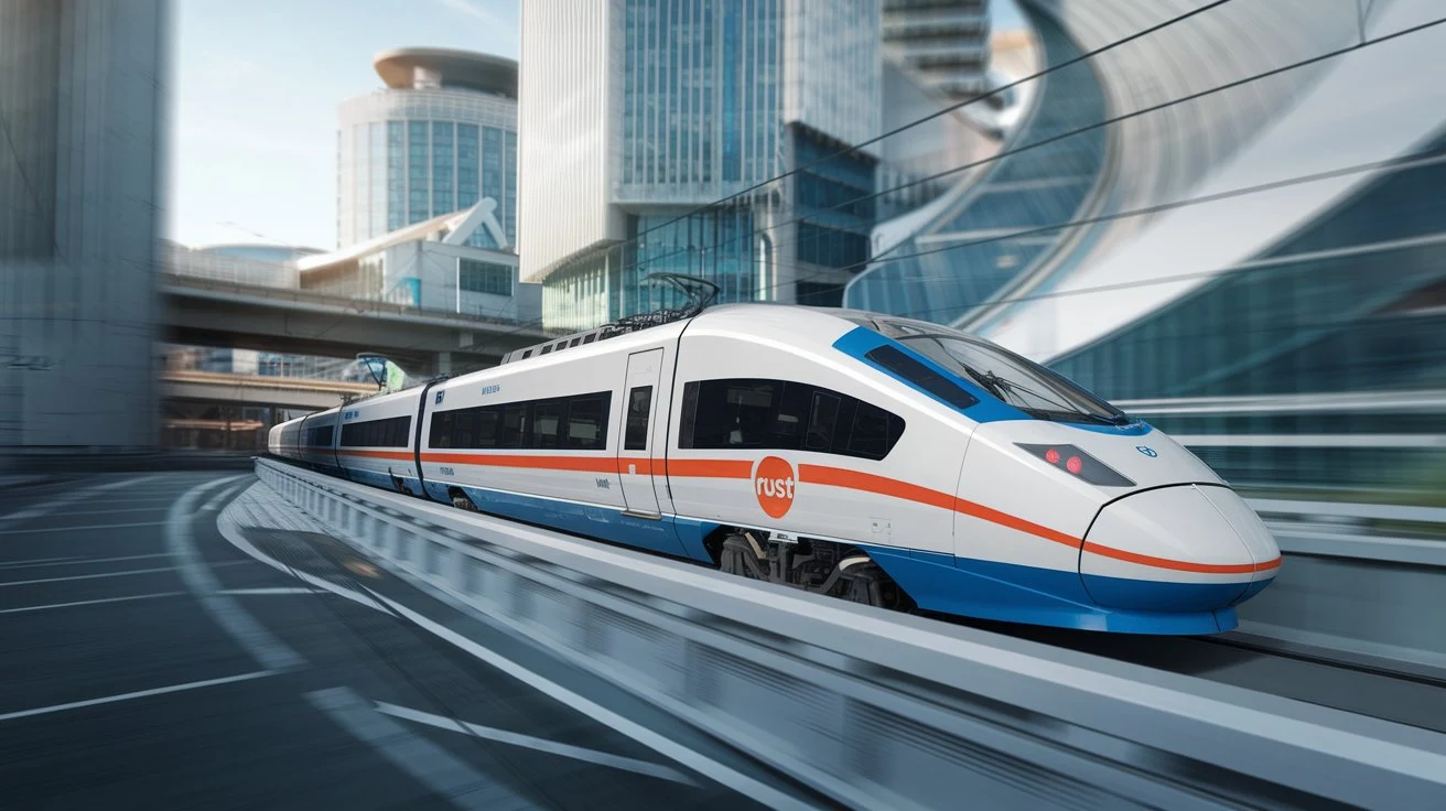 A high-speed train with Rust logos, racing through a city, symbolizing Rust’s speed and memory safety.