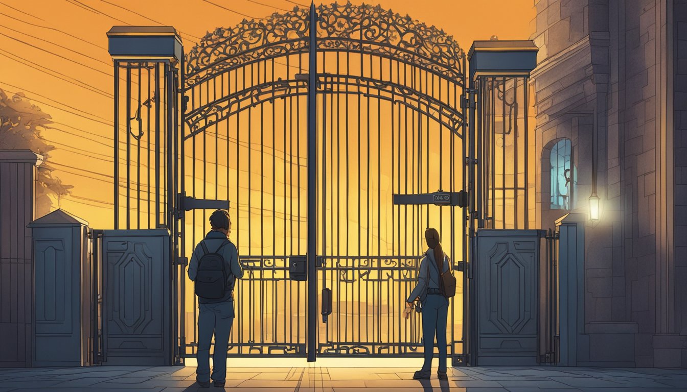 A glowing Amazon logo hovers above a gated entrance, while a determined figure holds a key and looks towards the gate