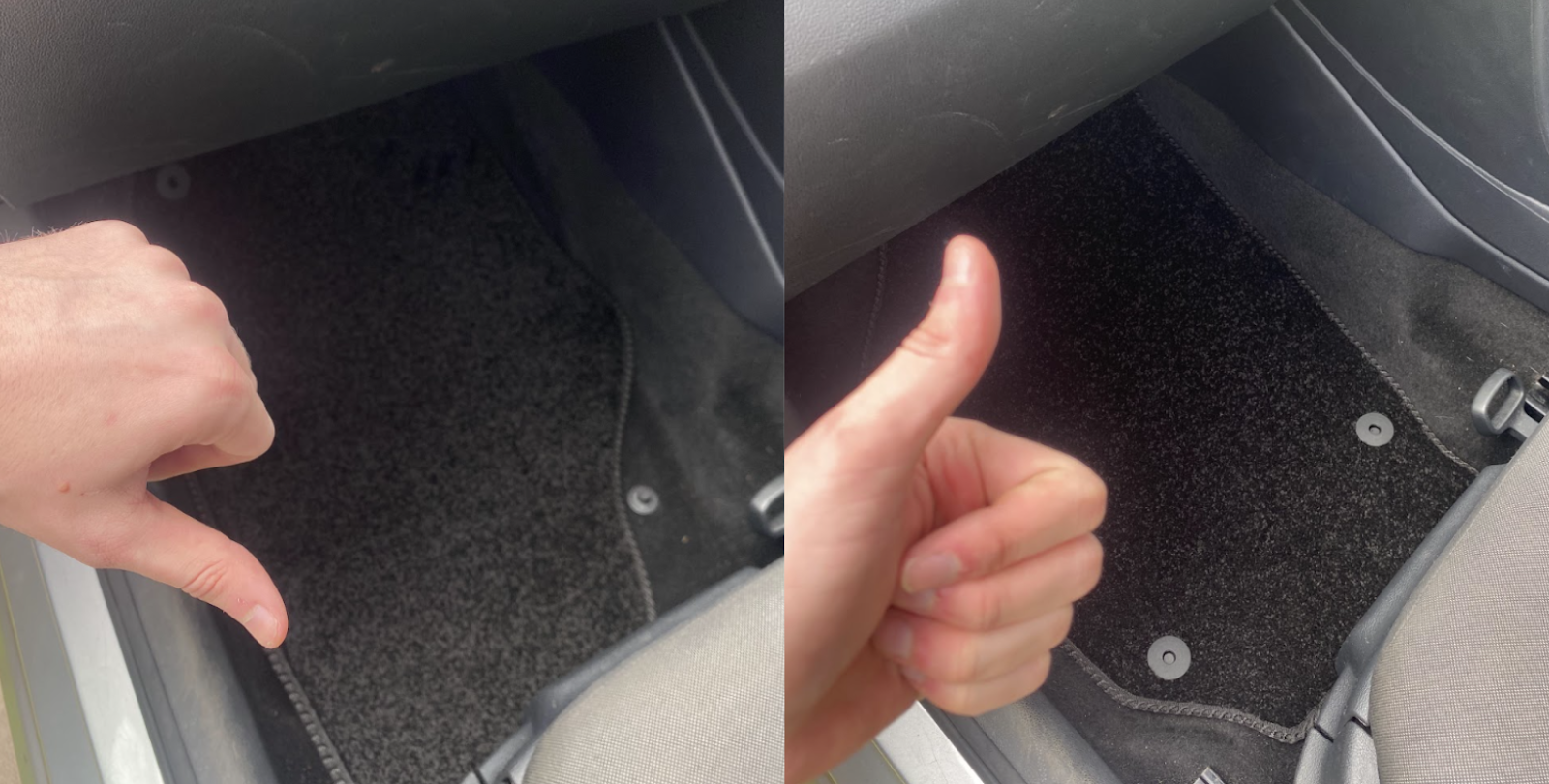 Split image showing car mat correct way around and wrong way. Thumbs up/down to signify which is which.