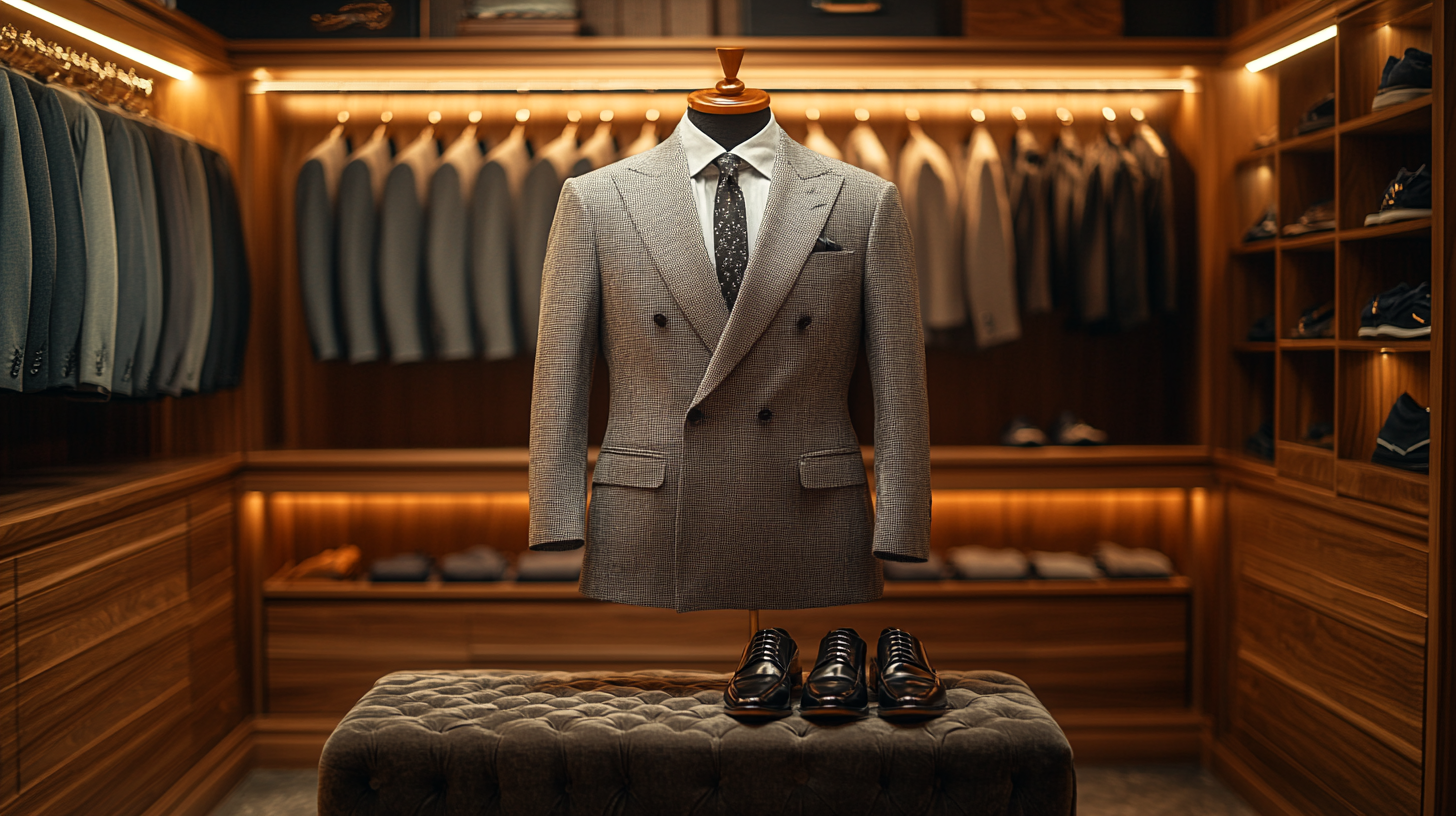 A stylish walk-in closet where a light gray suit is displayed on the left side of a wooden clothing rack. To the right, a pair of classic black dress shoes rests on a velvet platform, positioned under a soft spotlight for a luxurious touch.