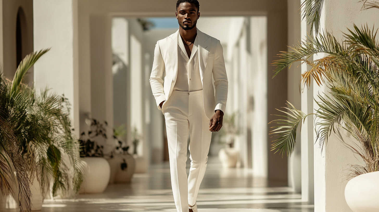 
A man wearing a clean, crisp all-white suit paired with a white shirt and white shoes, embodying minimalist elegance. The look is fresh and modern, perfect for a summer event or a wedding. The groom or guest stands confidently, exuding a refined, minimalist vibe with the monochromatic white outfit. The scene is set in a bright, airy venue, capturing the timeless sophistication of an all-white ensemble that stands out with its simplicity and style.