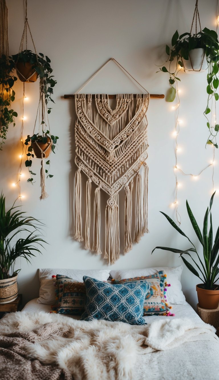 A vintage macramé wall hanging adorns a boho bedroom, surrounded by plants, fairy lights, and eclectic decor