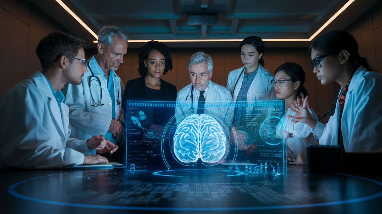 Create a realistic image of a diverse group of medical professionals, including a white male doctor, a black female psychologist, and an Asian female researcher, gathered around a holographic display showing brain scans and AI algorithms, with concerned expressions as they discuss ethical considerations, set in a modern conference room with subdued lighting to emphasize the serious mood.