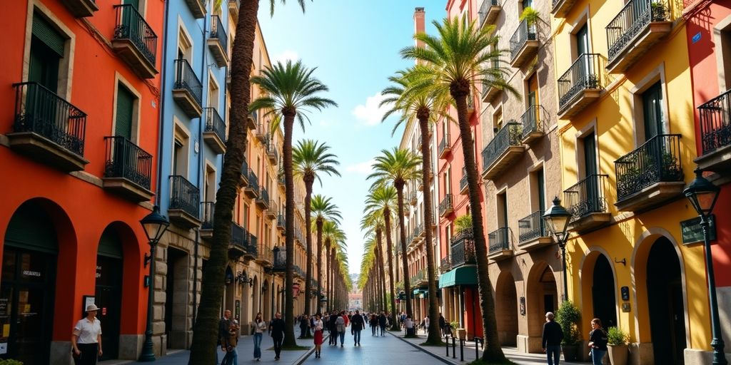 Colorful street scene in Barcelona with vibrant architecture.