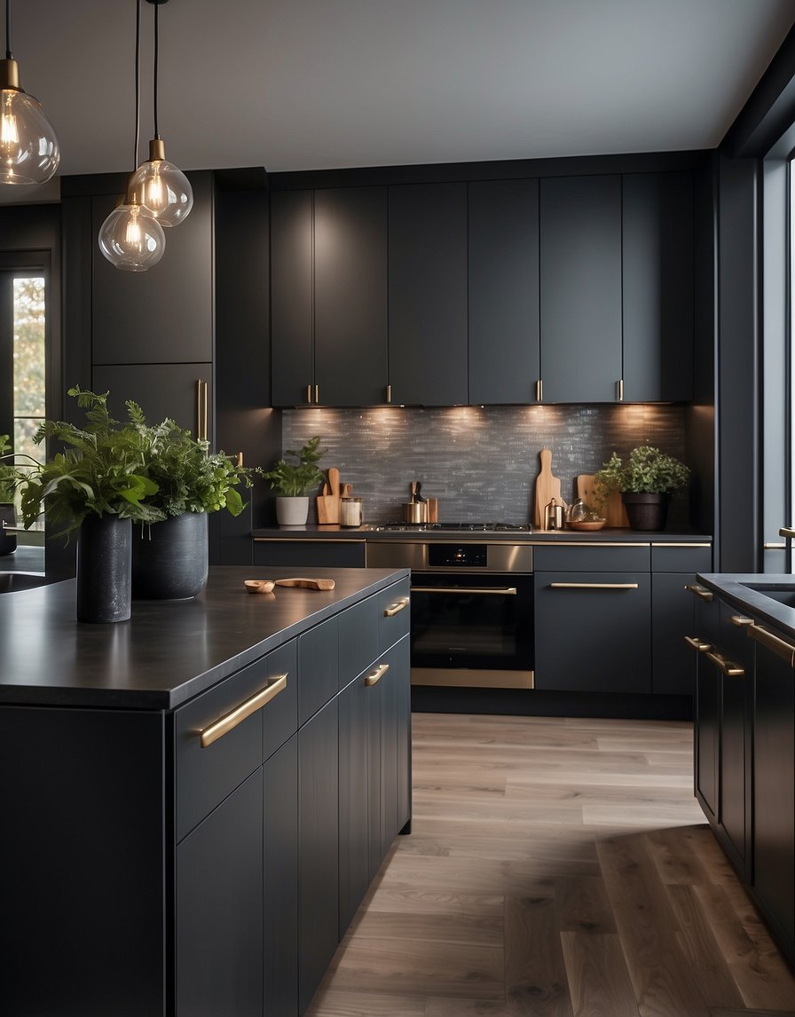 The sleek, modern kitchen features Ebony Elegance 32 dark gray cabinets, reflecting a sense of sophistication and luxury