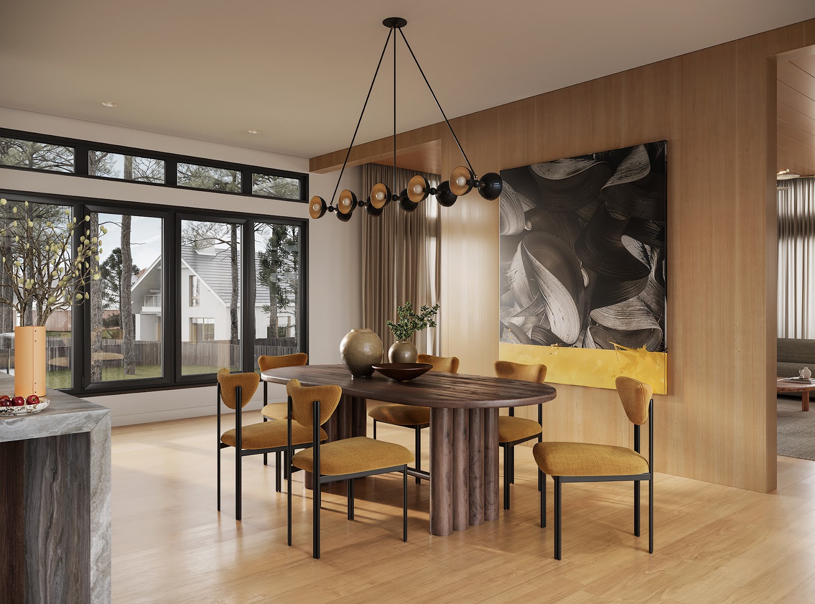 Modern kitchen design with wooden dining table, large abstract painting and decorative lighting.