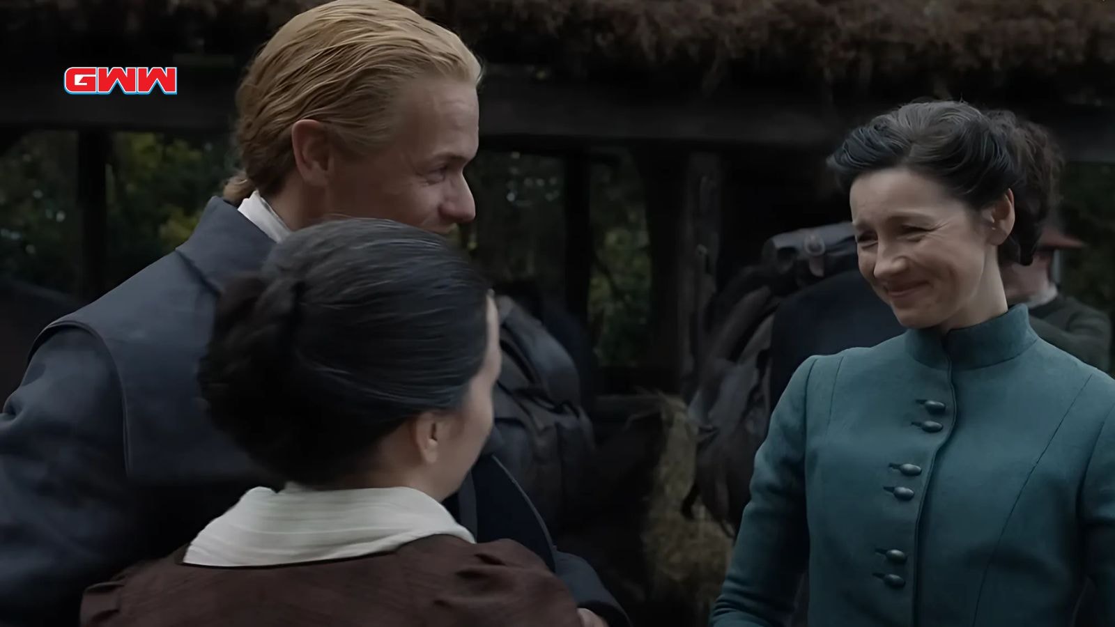 Sam Heughan and Caitriona Balfe as Jamie and Claire in Outlander reunion scene