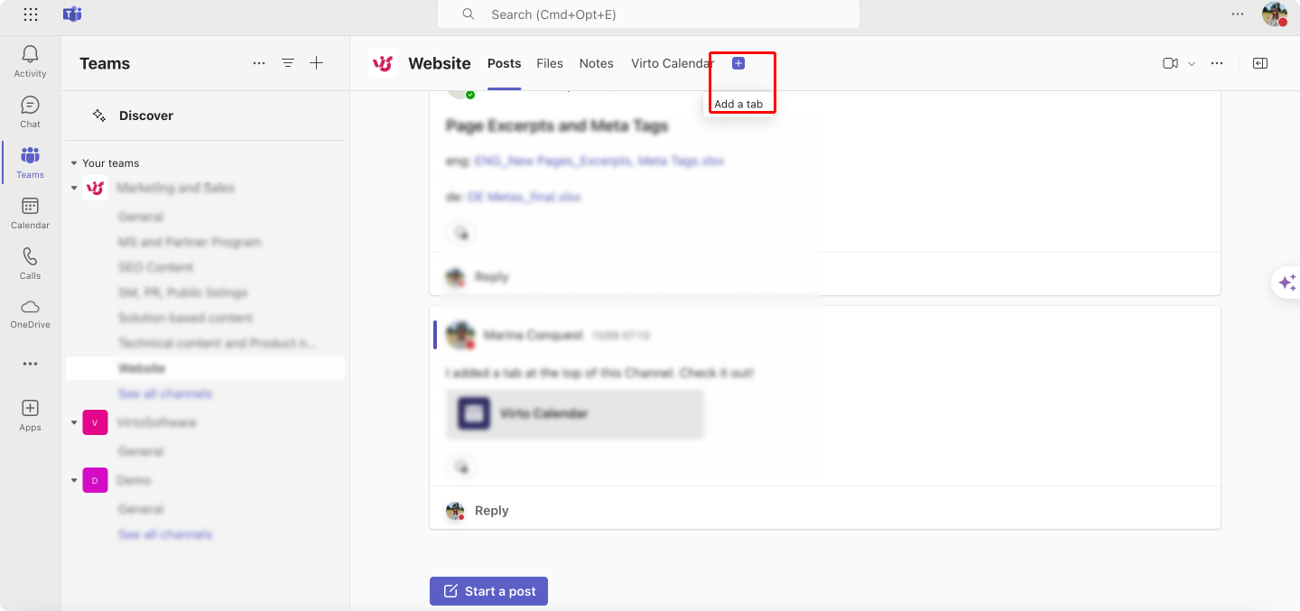 Adding a new tab in your Microsoft Teams channel.