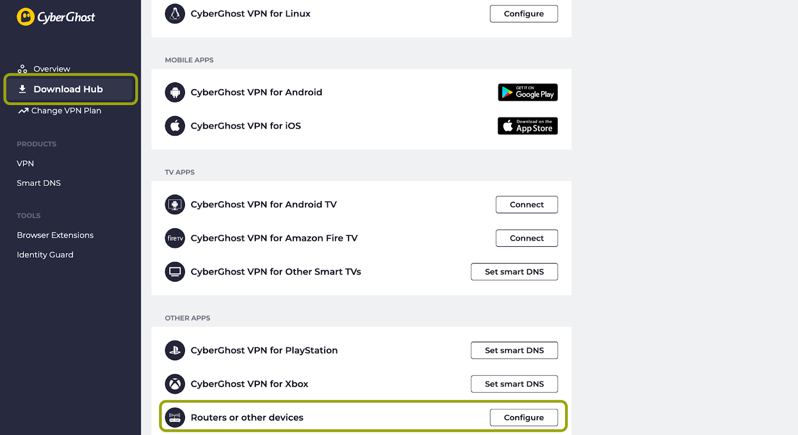 Interfaccia web di CyberGhost VPN che mostra le varie opzioni di download nel Download Hub.