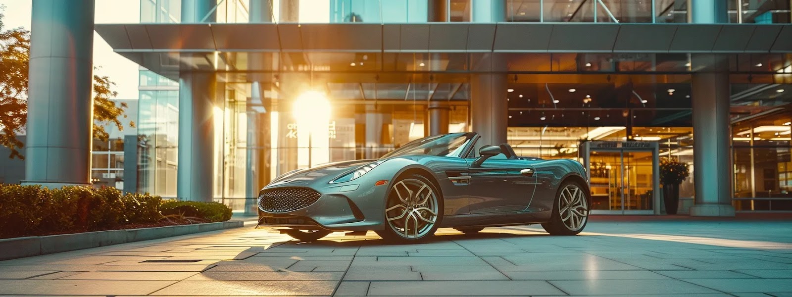 a luxurious sports car parked in front of a modern office building with a state farm mutual sign in the background, symbolizing the choice between standard and premium car insurance options in oklahoma.