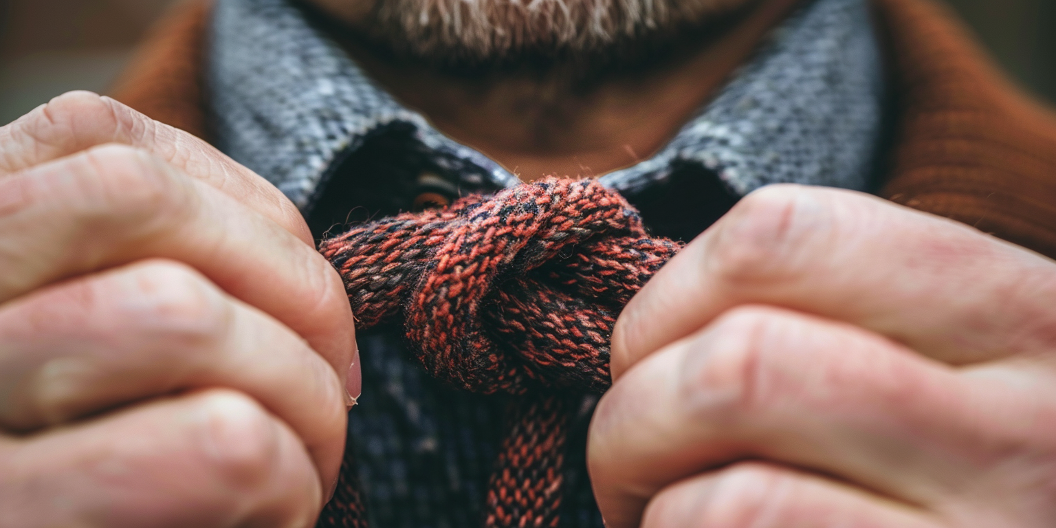 Close-up of a man tying a compact, simple Oriental necktie knot on a thick, textured dark tie. The knot is small and neat, perfect for short or heavy fabric ties. The look is casual and effortless, suited for quick styling or relaxed settings. The shirt collar is open, highlighting the easy, no-fuss knot. Soft natural lighting emphasizes the texture of the tie and the simplicity of the knot.