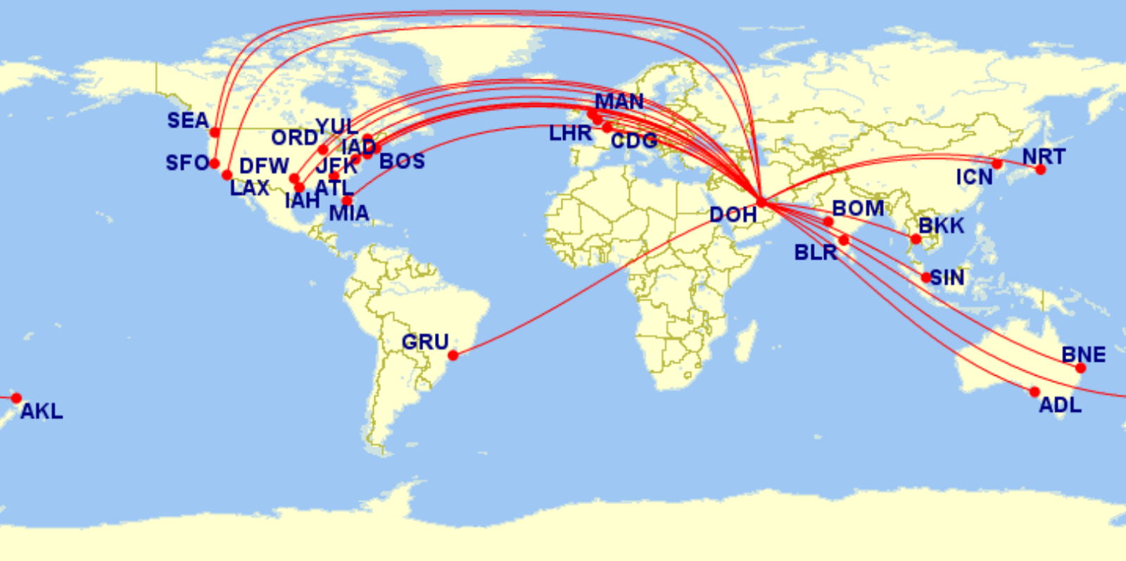 route map of Qatar Airways