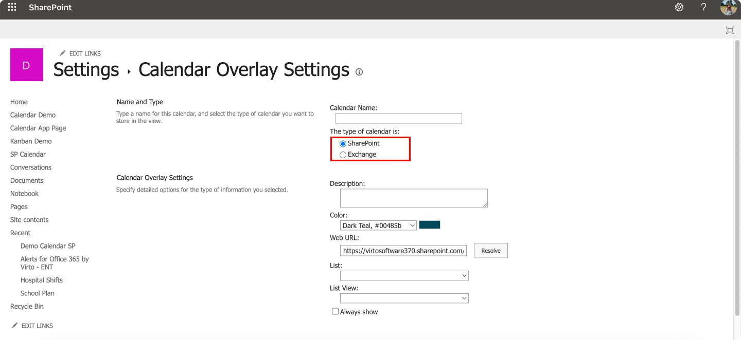 Pic. 8. Choosing between a SharePoint and an Exchange calendar to overlay. 