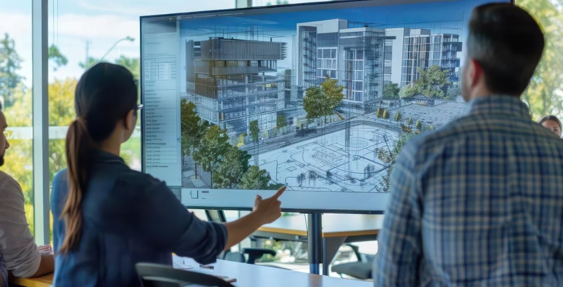Construction engineers are communicating about the project