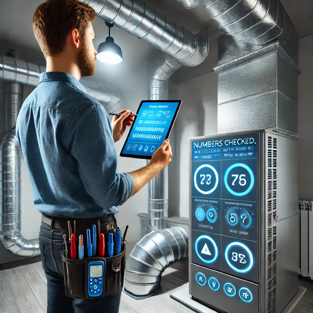 HVAC installer using digital tools to test system performance and verify pressure readings.