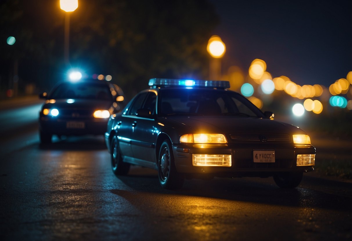 A car pulled over by police at night, with flashing lights and a breathalyzer test being administered to the driver