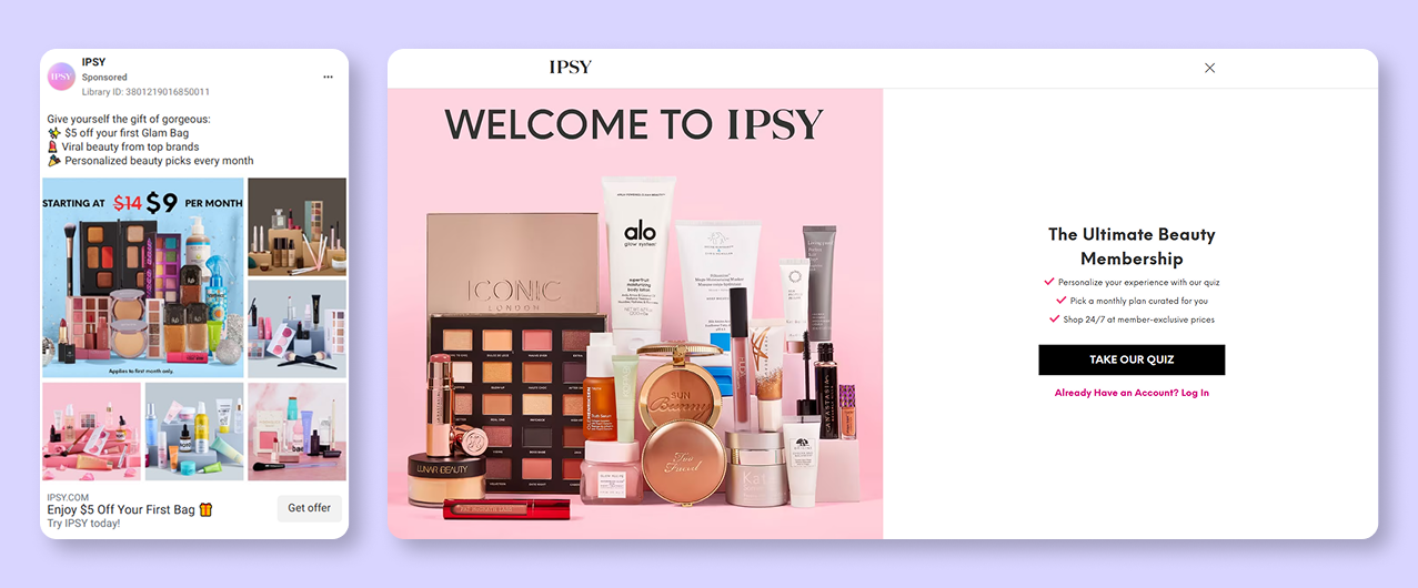 Facebook ad and a landing page for a subscription-based business
