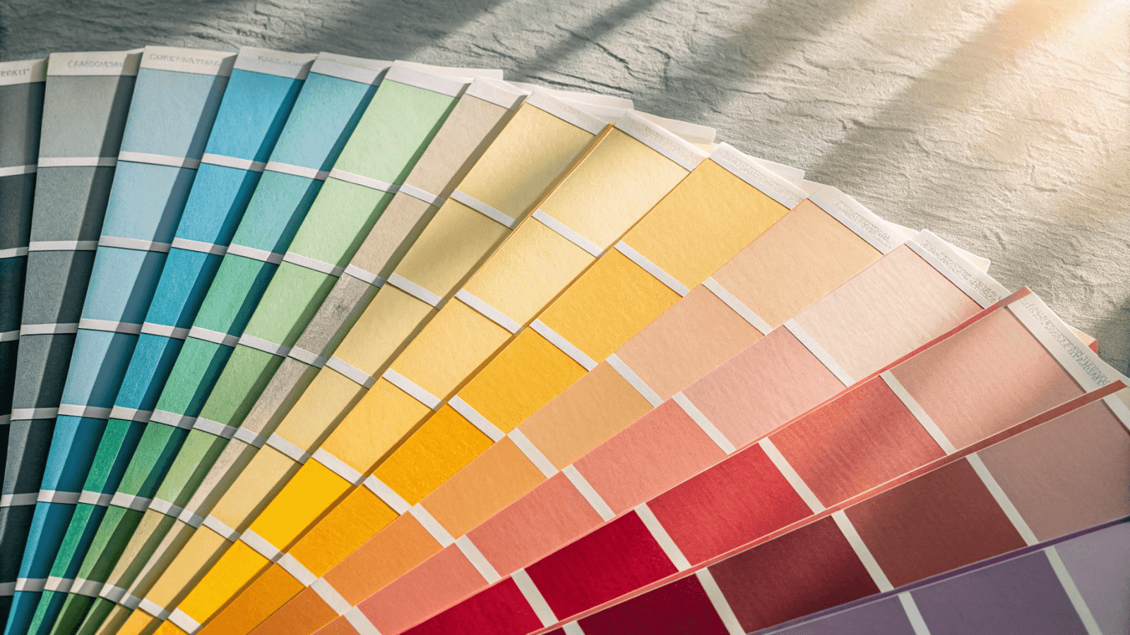 Professional photo of various paint swatches arranged in a fan pattern on a white surface